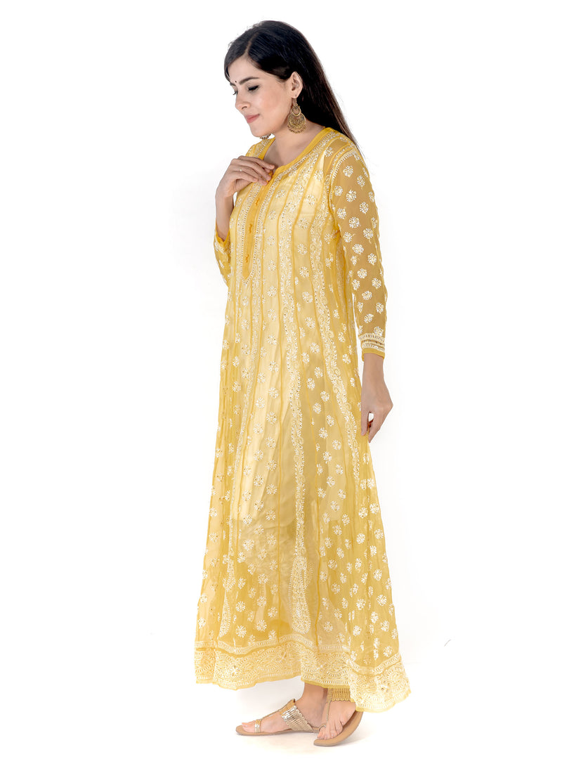 Seva Chikan Hand Embroidered Yellow Georgette Lucknowi Chikankari Anarkali-SCL1364