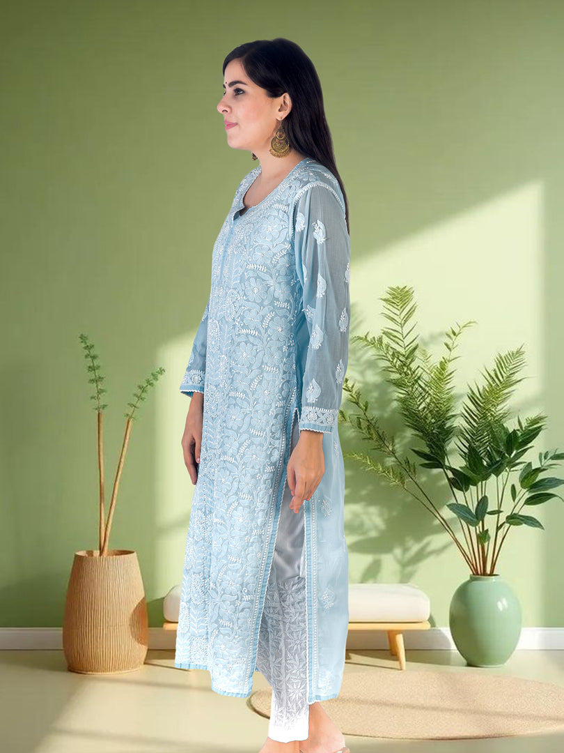 Seva Chikan Hand Embroidered Sky blue Faux Georgette Lucknowi Chikan Kurti SCL1320