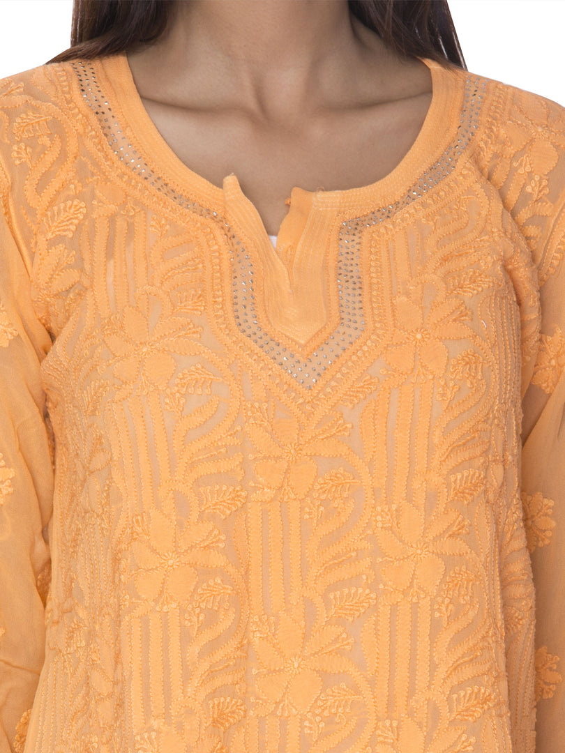 Seva Chikan Hand Embroidered Orange Georgette Lucknowi Chikan Top -SCL0972