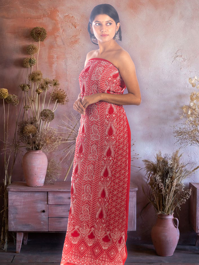 Seva Chikan Hand Embroidered Red Georgette Chikankari Unstitched Kurti Piece With Pearl & Sequins Work SCL1145