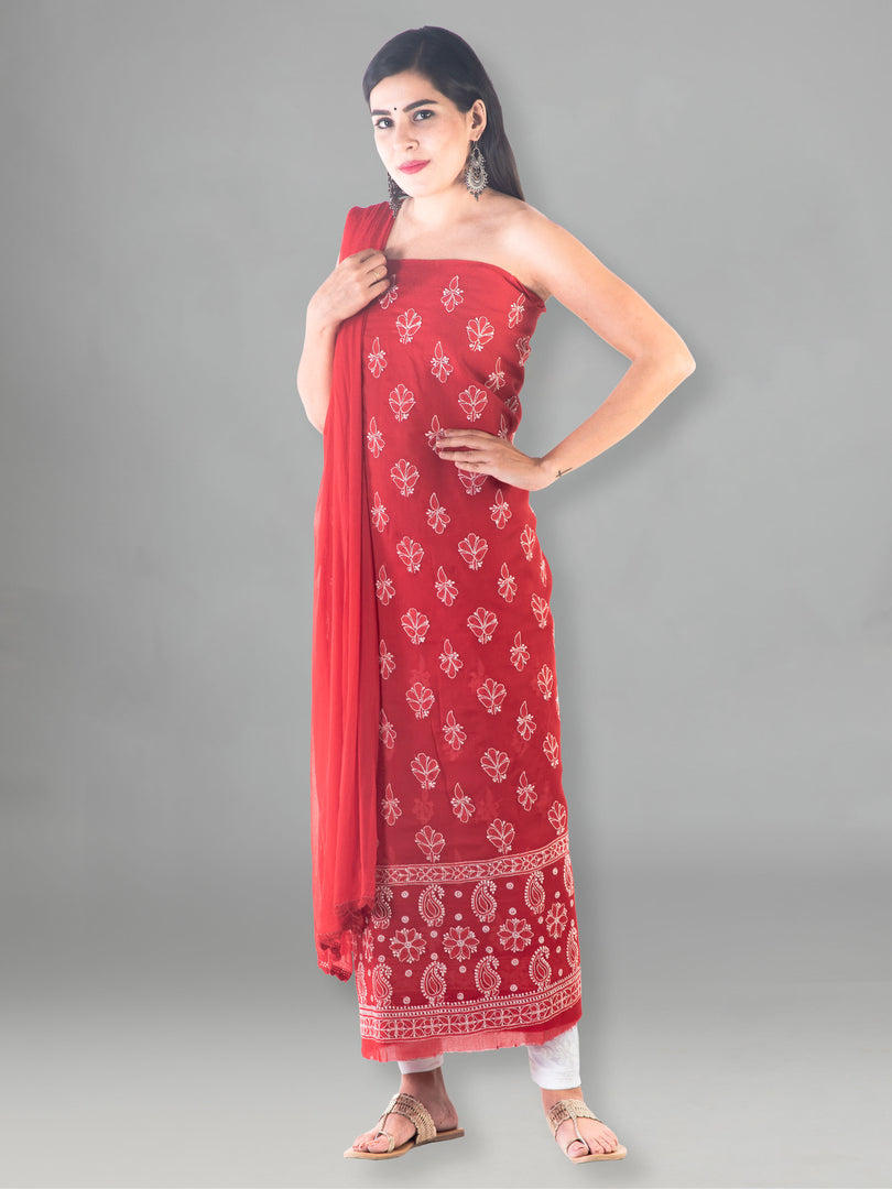Seva Chikan Hand Embroidered Red Cotton Lucknowi Chikan Unstitched Suit Piece-SCL1485