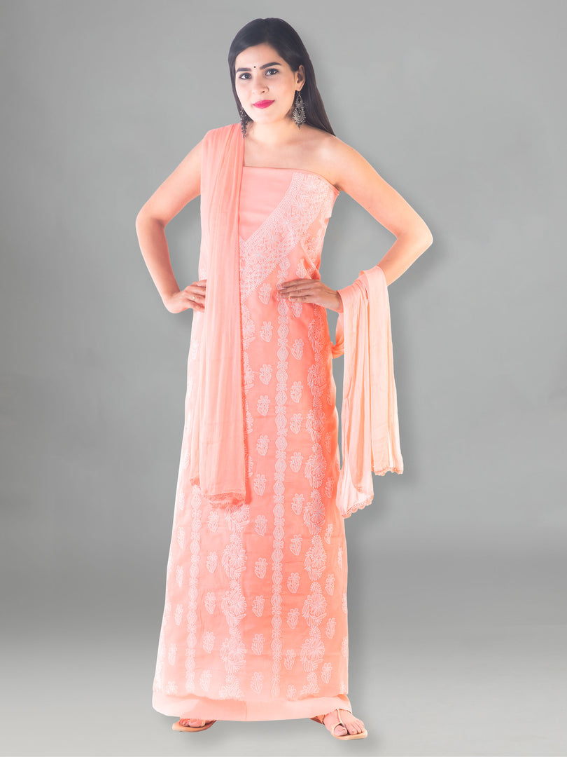 Seva Chikan Hand Embroidered Peach Cotton Lucknowi Chikan Unstitched Suit Piece-SCL1492