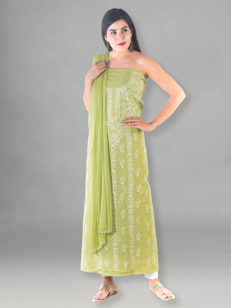 Seva Chikan Hand Embroidered Light Green Cotton Lucknowi Chikan Unstitched Suit Piece-SCL1494