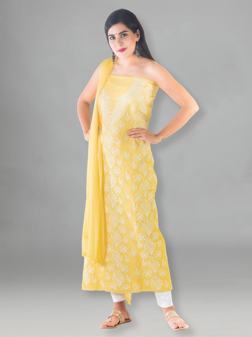 Seva Chikan Hand Embroidered Yellow Cotton Lucknowi Chikan Unstitched Suit Piece SCL1498