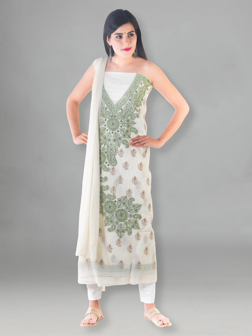Seva Chikan Hand Embroidered Off White Cotton Lucknowi Chikan Unstitched Suit Piece-SCL1505