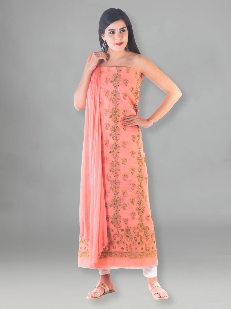 Seva Chikan Hand Embroidered Dark Peach Cotton Lucknowi Chikan Unstitched Suit Piece-SCL1511