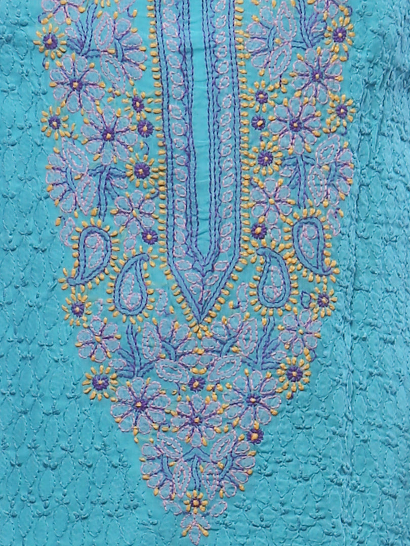 Seva Chikan Hand Embroidered Turquoise Cotton Lucknowi Chikankari Unstitched Suit Piece-SCL0046