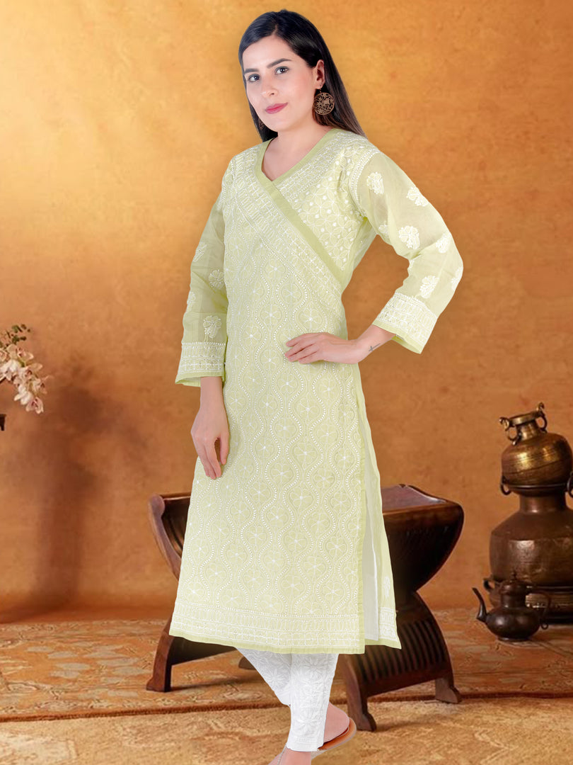Seva Chikan Hand Embroidered Light Green Cotton Lucknowi Chikan Kurti SCL1222