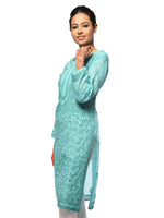 Load image into Gallery viewer, Seva Chikan Hand Embroidered Turquoise Cotton Lucknowi Chikan Kurta-SCL0657