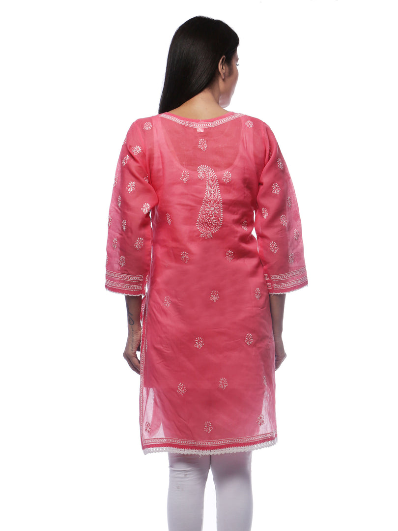 Seva Chikan Hand Embroidered Carrot Pink Cotton Lucknowi Chikan Kurti-SCL0233