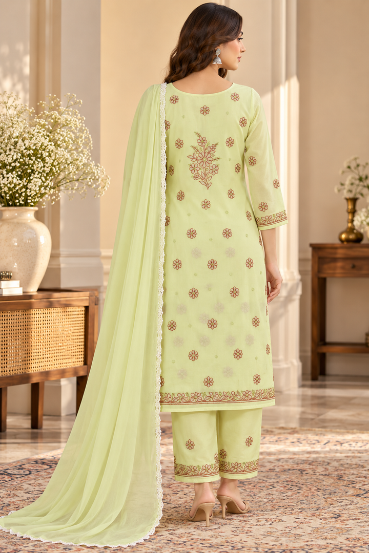 Seva Chikan Hand Embroidered Lemon Cotton Lucknowi Chikankari Unstitched Suit Piece-SEV15001