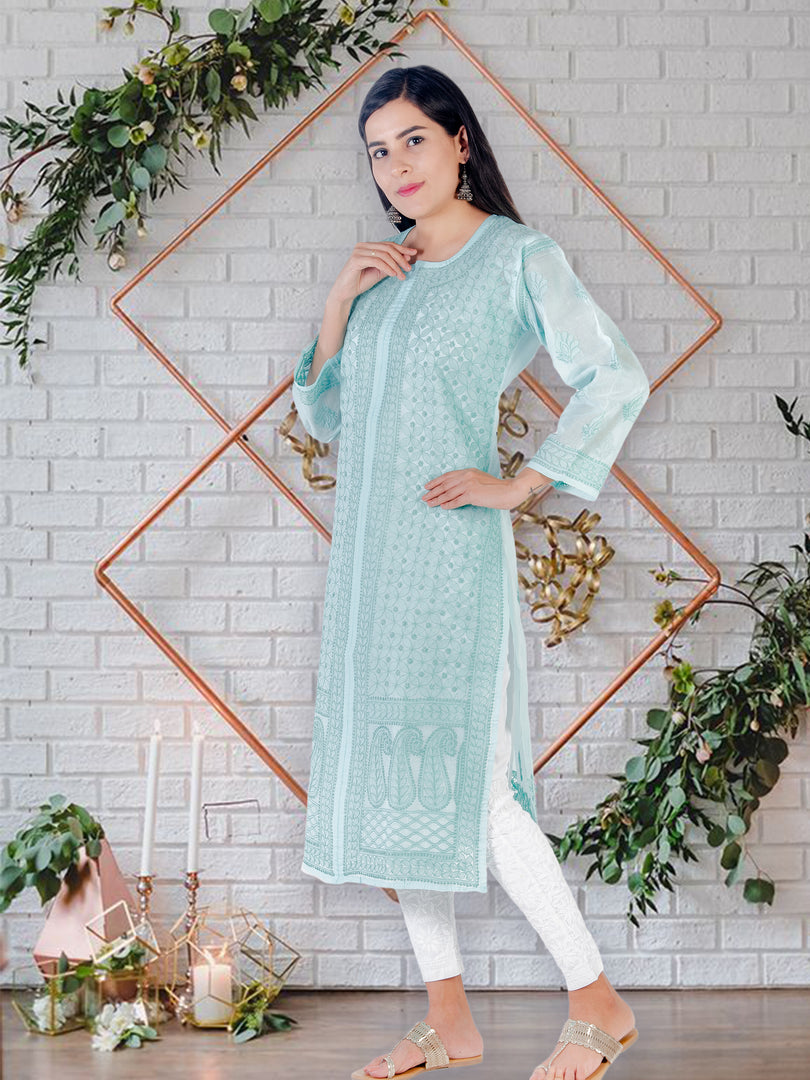 Seva Chikan Hand Embroidered Turquoise Cotton Luckowi Chikan Kurti SCL1213