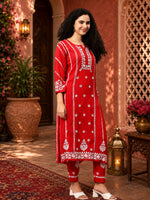 Load image into Gallery viewer, Seva Chikan Hand Embroidered Red Rayon Lucknowi Chikankari Kurta Set SCL8104