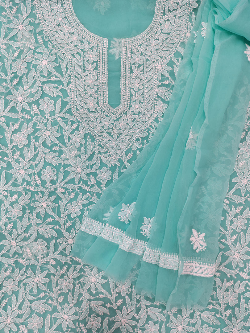 Seva Chikan Hand Embroidered Sea Green Georgette Lucknowi Chikankari Unstitched Suit Piece-SCL13134
