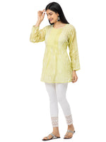 Load image into Gallery viewer, Seva Chikan Hand Embroidered Yellow Cotton Lucknowi Chikankari Short Top-SCL2014
