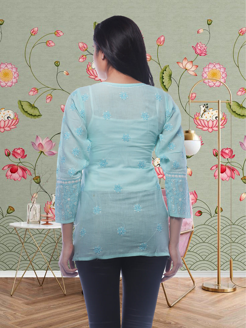 Seva Chikan Hand Embroidered Turquoise Cotton Lucknowi Chikankari Short Top SCL0130