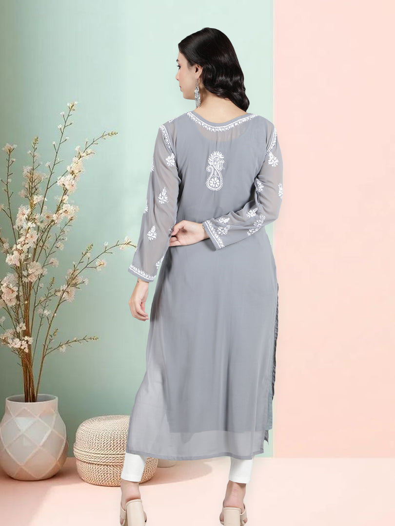 Seva Chikan Hand Embroidered Georgette Lucknowi Chikan Kurti With Slip