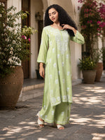 Load image into Gallery viewer, Seva Chikan Hand Embroidered Sage Green Rayon Lucknowi Chikankari Kurta Set SCL8062