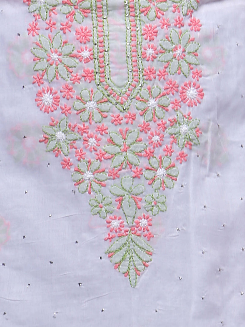 Seva Chikan Hand Embroidered White Cotton Lucknowi Chikan Unstitched Kurti Piece-SCL0104