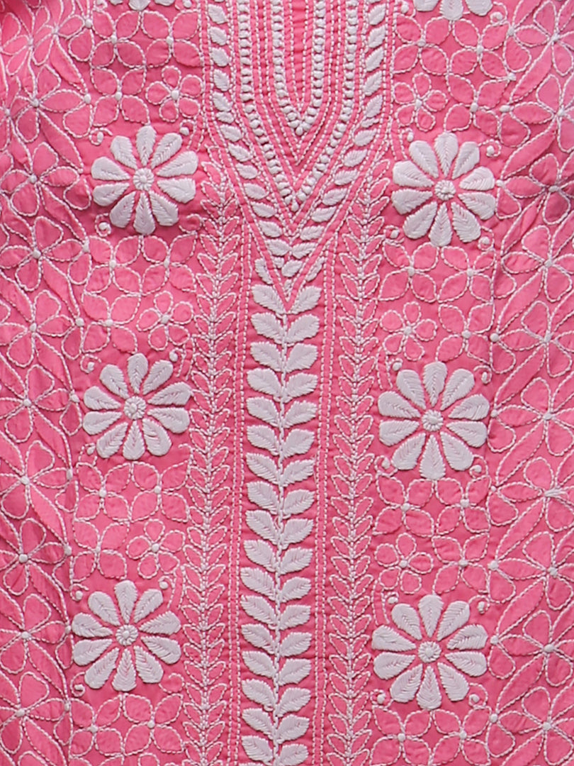 Seva Chikan Hand Embroidered Pink Cotton Lucknowi Chikankari Unstitched Suit Piece-SCL0056