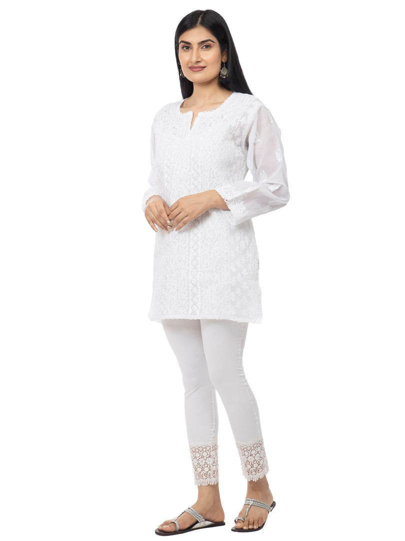 Seva Chikan Hand Embroidered White Cotton Lucknowi Chikan Top-SCL2193