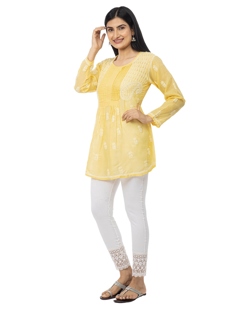 Seva Chikan Hand Embroidered Yellow Cotton Lucknowi Chikankari Short Top-SCL2023