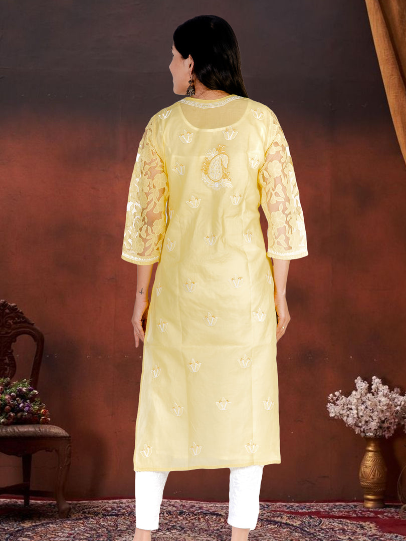Seva Chikan Hand Embroidered Yellow Cotton Lucknowi Chikan Kurti SCL1205