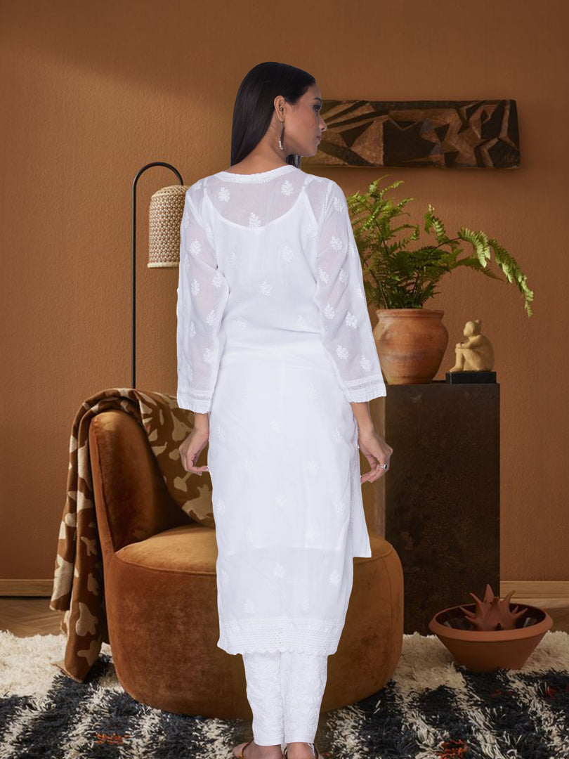 Seva Chikan Hand Embroidered White Cotton Lucknowi Chikan Kurti SCL1040