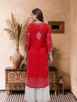 Load image into Gallery viewer, Seva Chikan Hand Embroidered Maroon Georgette Lucknowi Chikankari Kurta With Inner