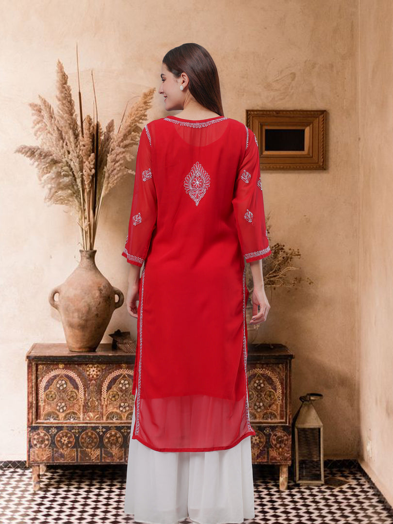Seva Chikan Hand Embroidered Maroon Georgette Lucknowi Chikankari Kurta With Inner