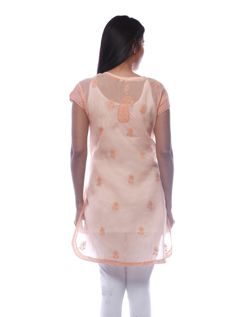 Seva Chikan Hand Embroidered Orange Cotton Lucknowi Chikan Kurti-SCL0300