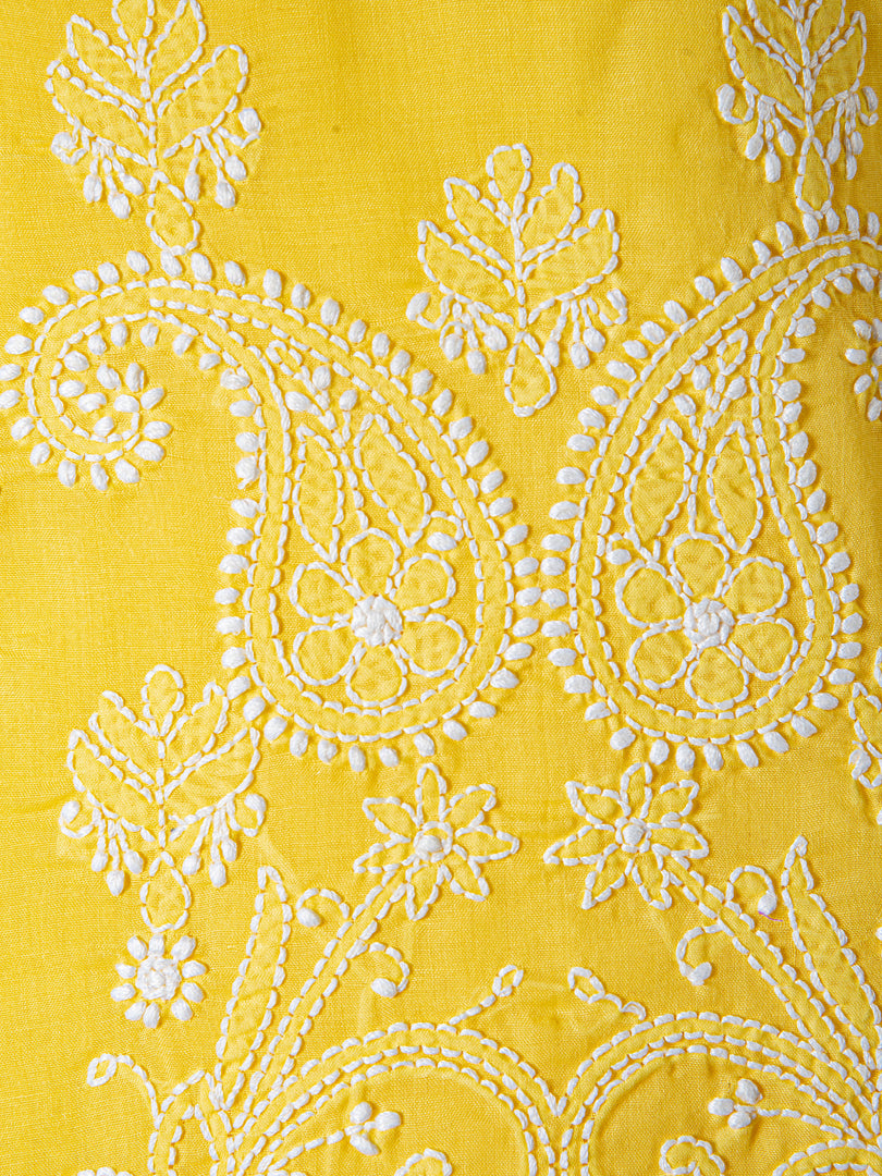 Seva Chikan Hand Embroidered Yellow Cotton Lucknowi Chikan Unstitched Suit Piece-SCL1428