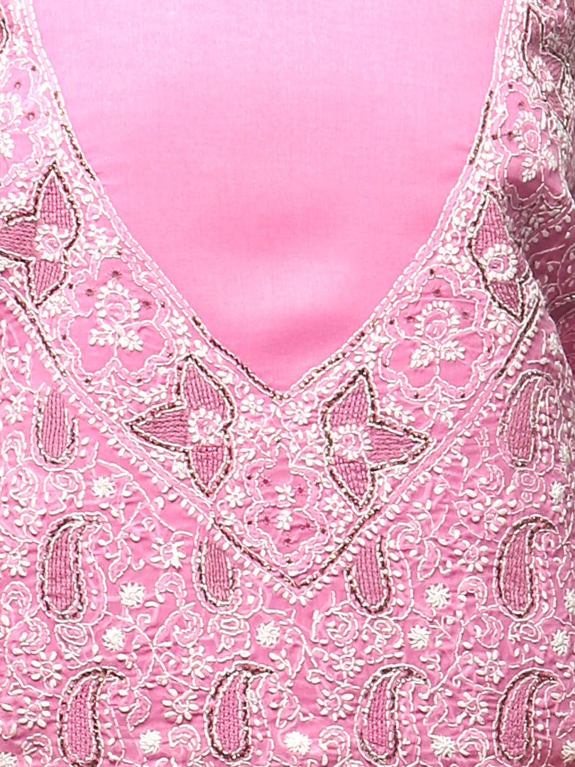Seva Chikan Hand Embroidered Pink Cotton Lucknowi Chikankari Unstitched Suit Piece With Mukaish/Muqaish Work--SCL0553