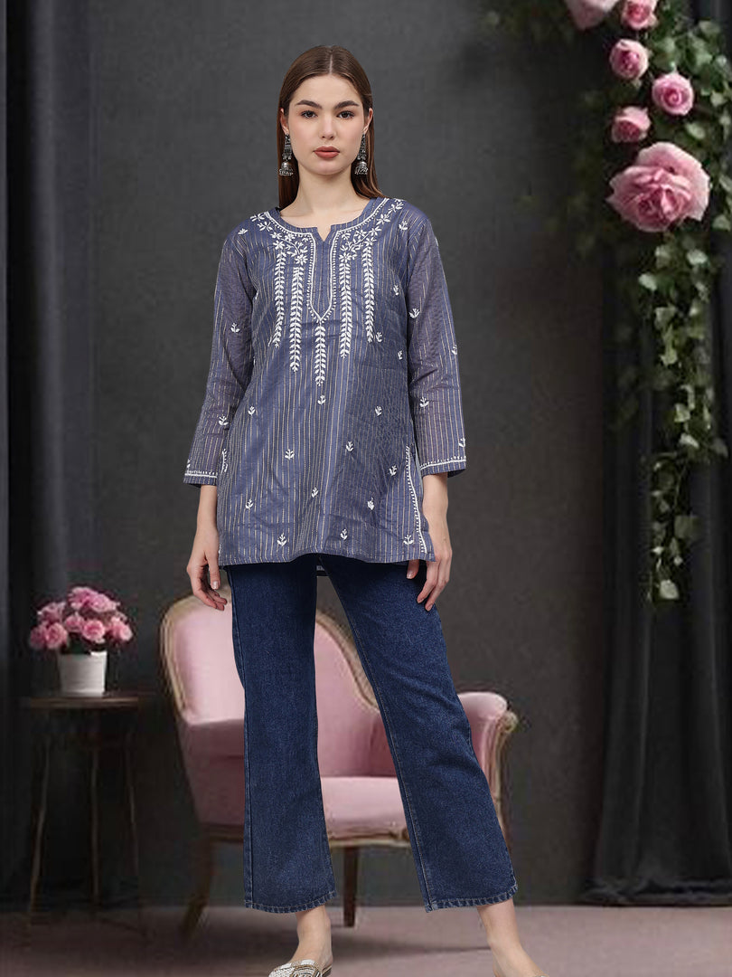 Seva Chikan Hand Embroidered Chanderi Lucknowi Chikan Top With Slip