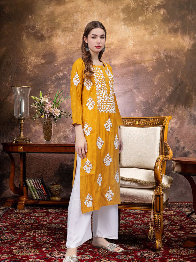 Seva Chikan Hand Embroidered Mustard Rayon Lucknowi Chikankari Kurta-SCL4588