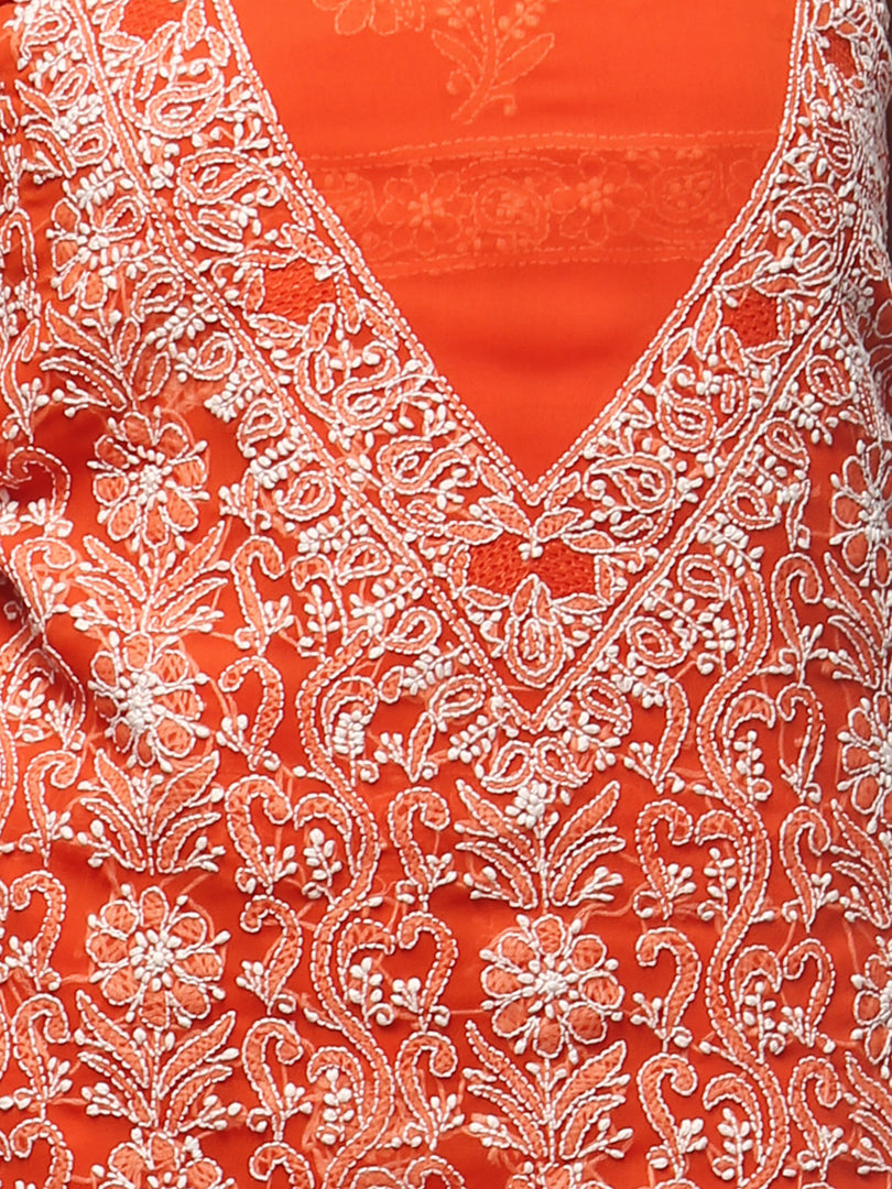 Seva Chikan Hand Embroidered Orange Georgette Lucknowi Chikankari Unstitched Suit Piece-SCL0559