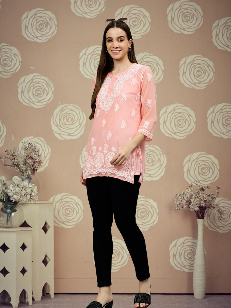 Seva Chikan Hand Embroidered Georgette Lucknowi Chikankari Top With Slip