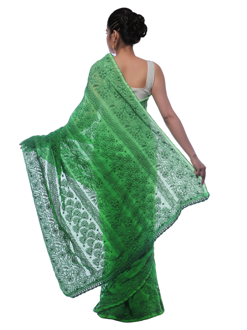 Seva Chikan Hand Embroidered Green Georgette Lucknowi Saree-SCL0381
