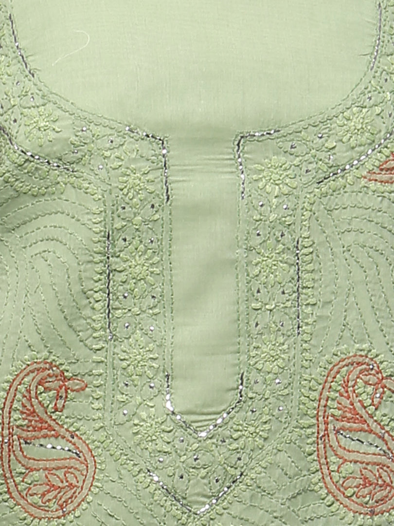 Seva Chikan Hand Embroidered Green Cotton Lucknowi Chikankari Unstitched Suit Piece With Mukaish/Muqaish Work-SCL0566