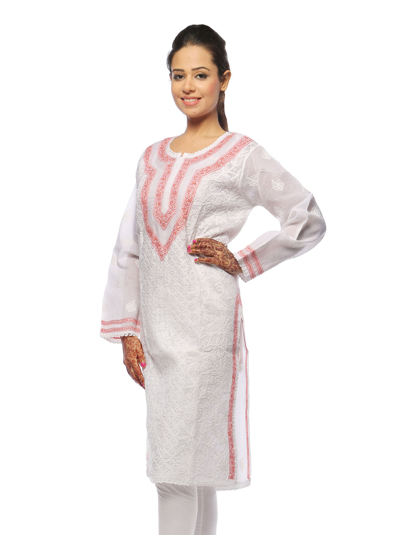 Seva Chikan Hand Embroidered White Cotton Lucknowi Chikan Kurta-SCL0669