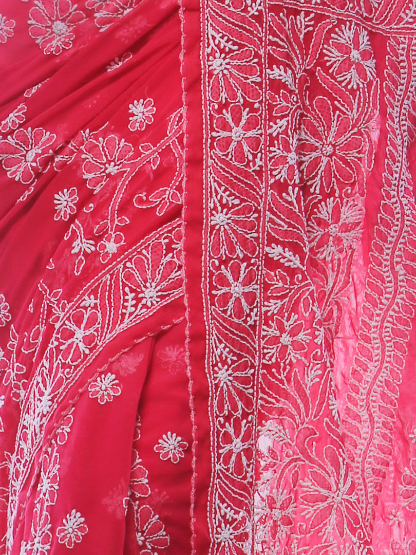 Seva Chikan Hand Embroidered Magenta Georgette Lucknowi Saree-SCL0382