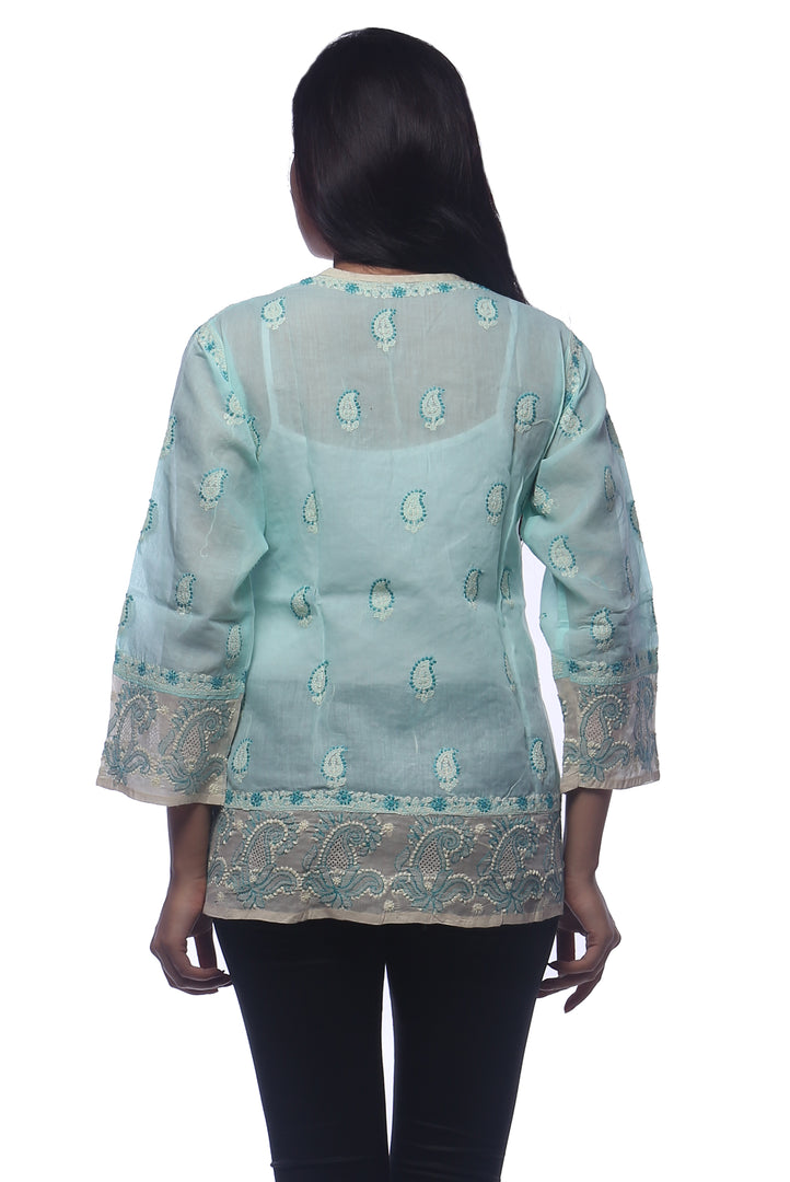 Seva Chikan Hand Embroidered Sea Green Cotton Lucknowi Chikankari Short Top-SCL0345