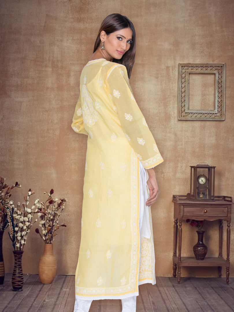 Seva Chikan Hand Embroidered Yellow Cotton Lucknowi Chikan Kurti SCL1075