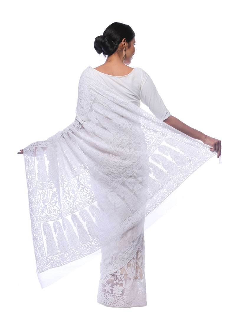 Seva Chikan Hand Embroidered White Georgette Lucknowi Saree1-SCL0410