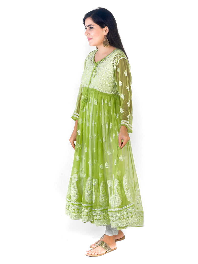 Seva Chikan Hand Embroidered Light Green Georgette Lucknowi Chikankari Anarkali-SCL1352