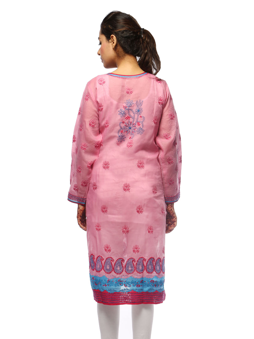 Seva Chikan Hand Embroidered Pink Cotton Lucknowi Chikan Kurti-SCL0609