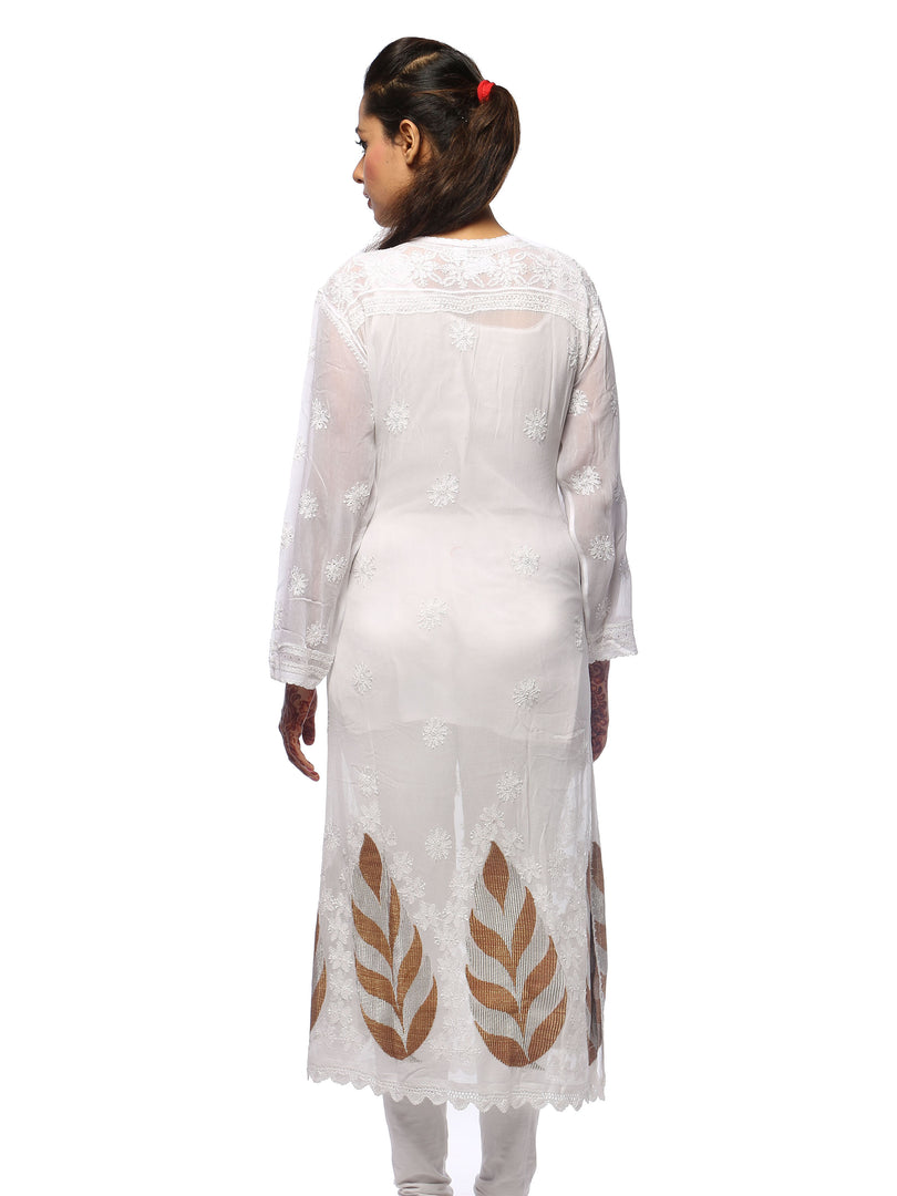 Seva Chikan Hand Embroidered White Pure Georgette Lucknowi Chikan Kurti With Muqaish Work-SCL0626
