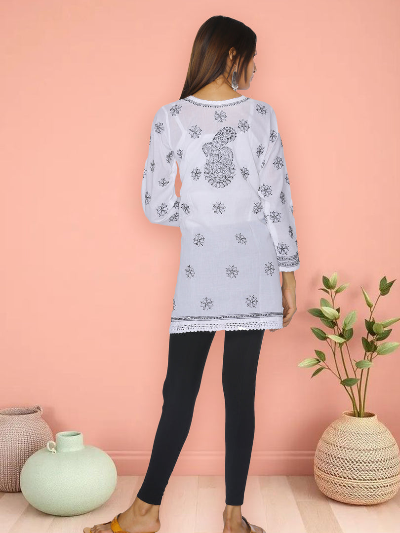 Seva Chikan Hand Embroidered White Cotton Lucknowi Chikan Short Kurti SCL1036