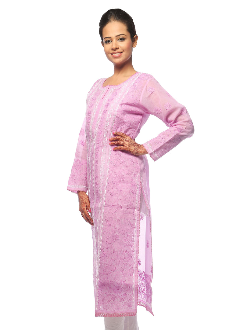 Seva Chikan Hand Embroidered Pink Cotton Lucknowi Chikan Kurta-SCL0651