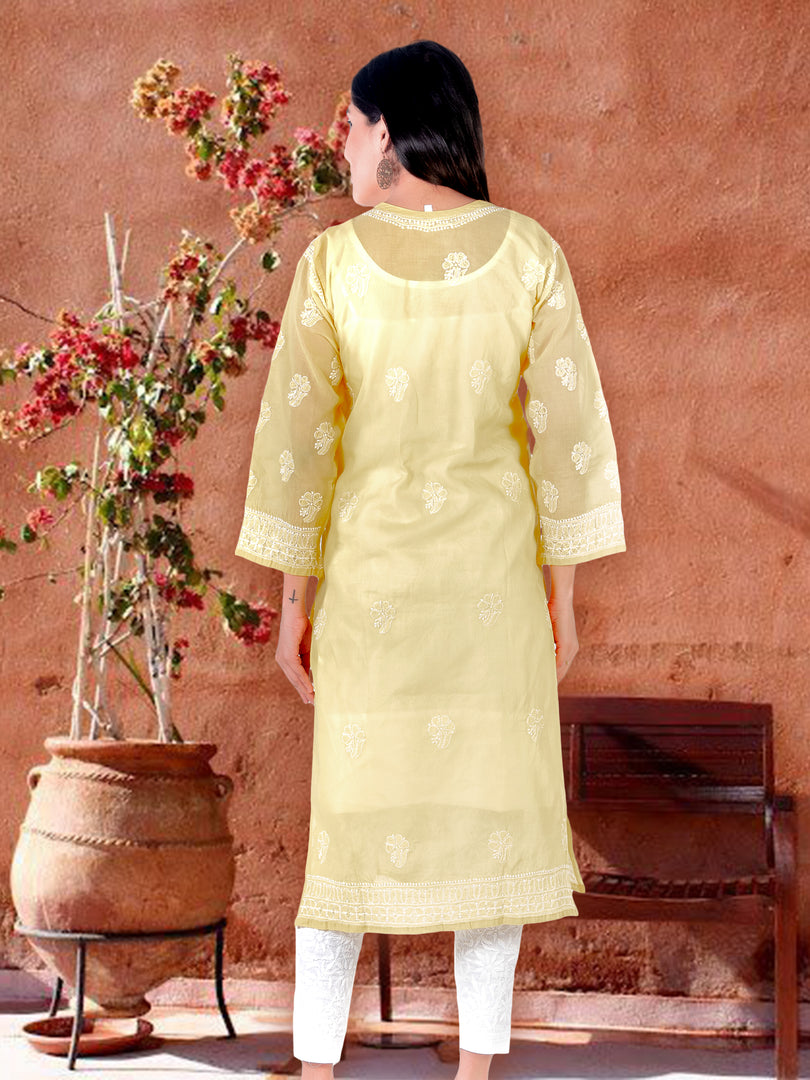 Seva Chikan Hand Embroidered Yellow Cotton Lucknowi Chikan Kurti SCL1224